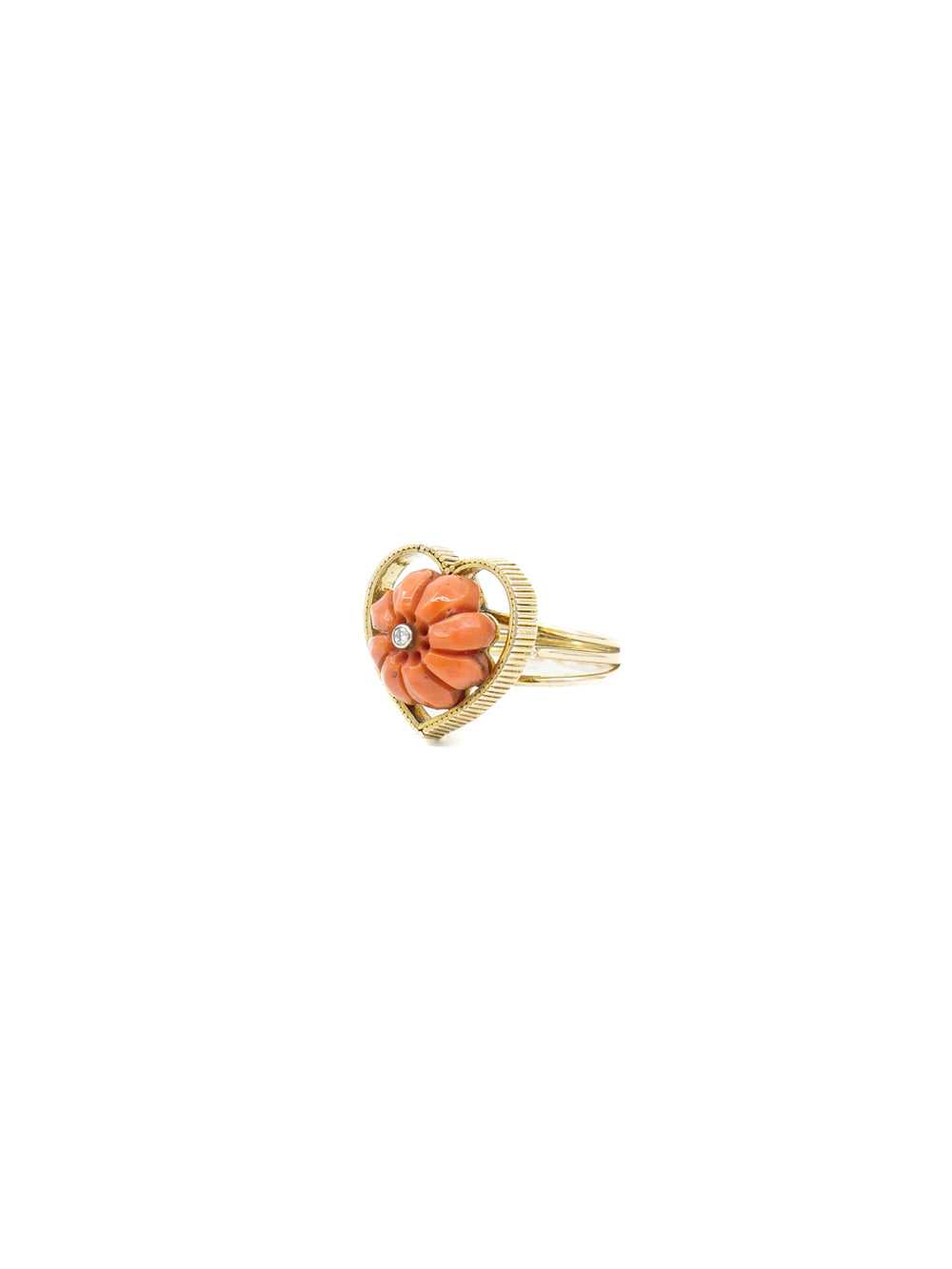 14K Heart Motif Coral and Diamond Ring - image 3