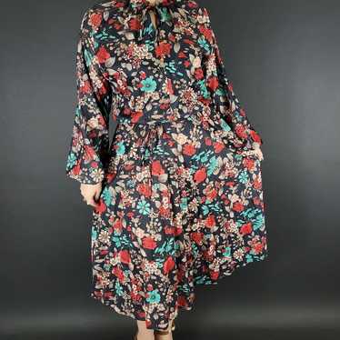 70s Black Floral Long Sleeve Pleated Dress