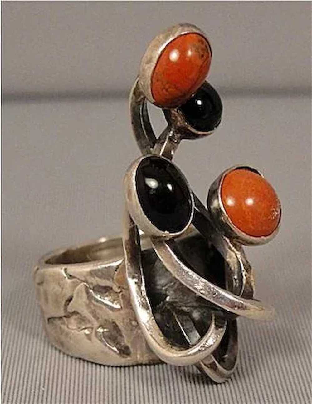 Rachel Gera Israel Modernist Sterling Coral Onyx … - image 4