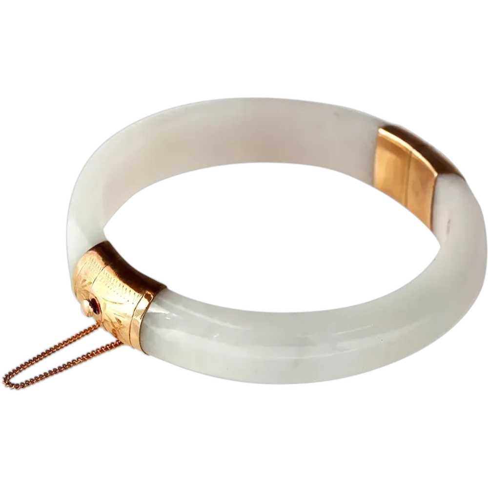 Mid-Century White Jade & 14K Gold Bangle Bracelet - image 1