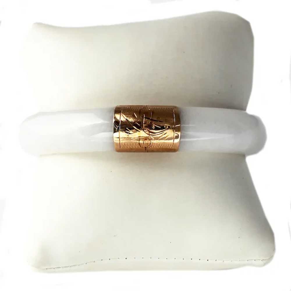 Mid-Century White Jade & 14K Gold Bangle Bracelet - image 2