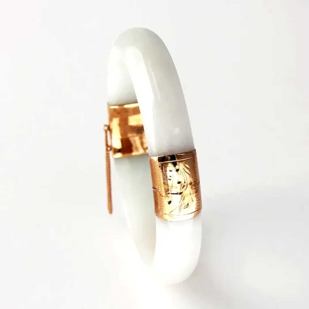 Mid-Century White Jade & 14K Gold Bangle Bracelet - image 3