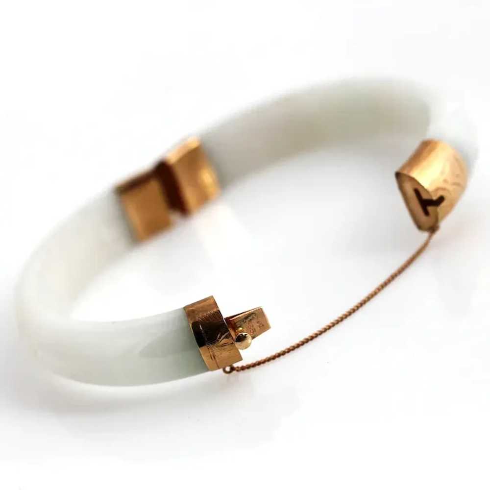 Mid-Century White Jade & 14K Gold Bangle Bracelet - image 5