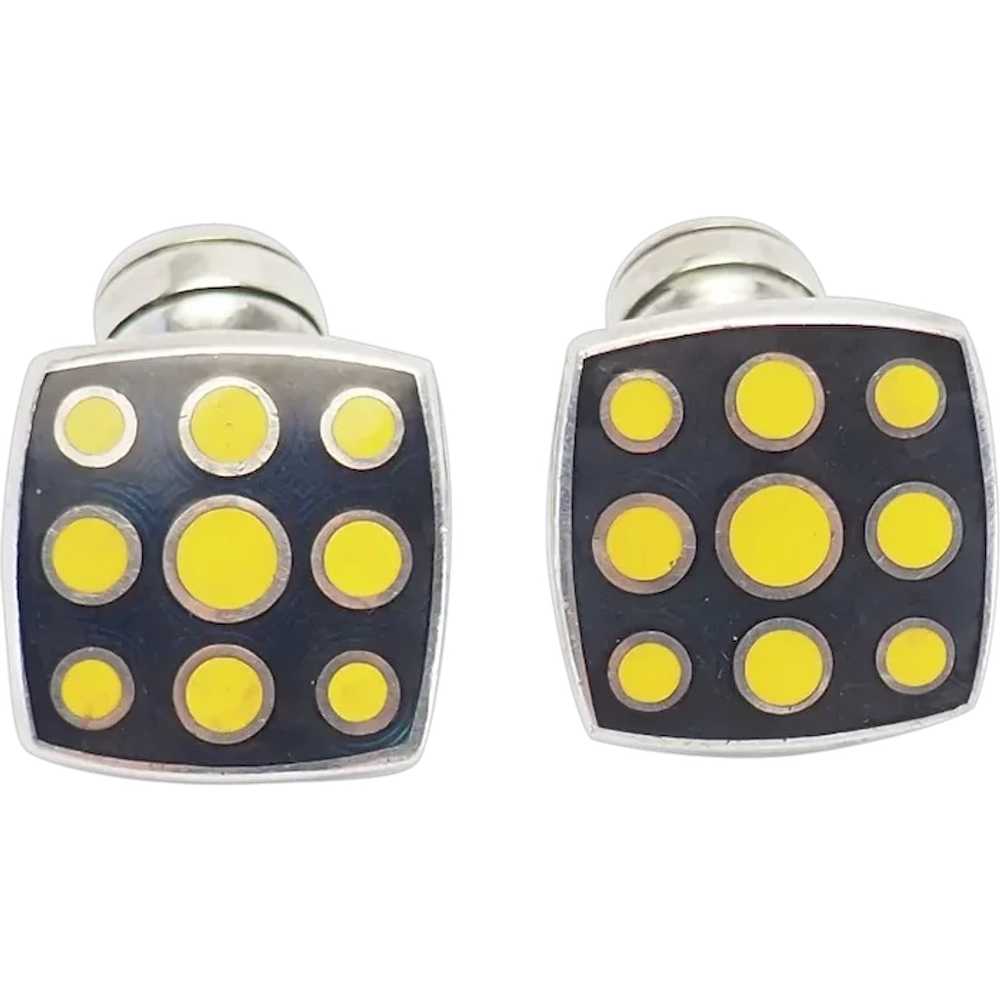 Vintage modern black yellow enamel polka dot ster… - image 1