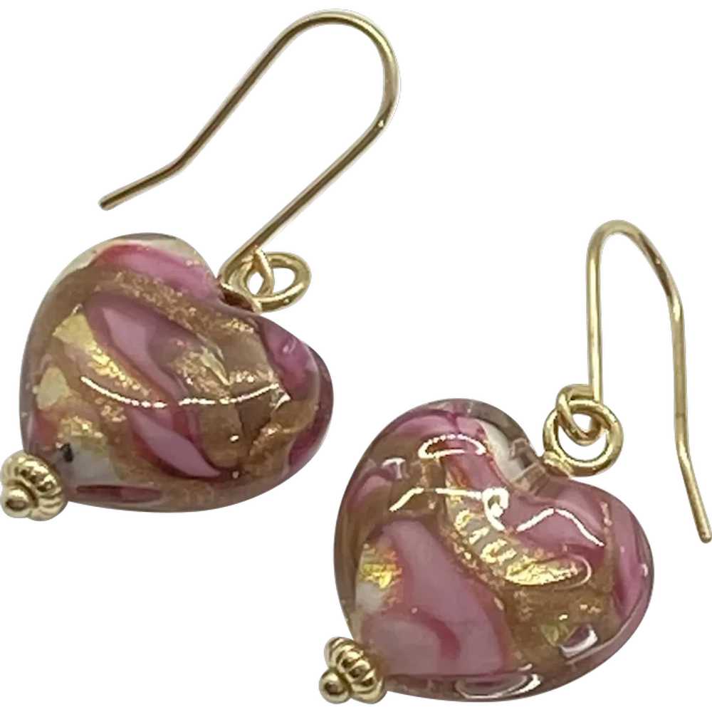 Vintage Dangle Earrings 14K Gold Glass Heart, Art… - image 1