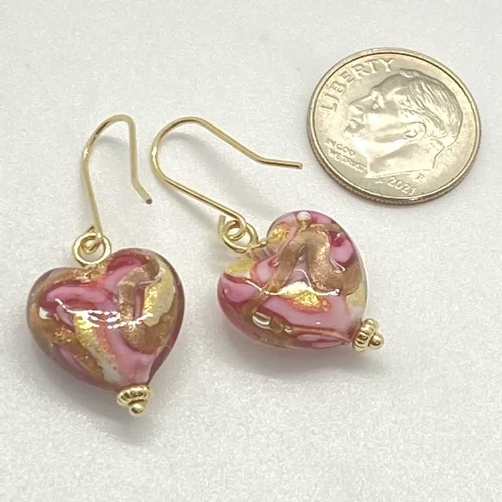 Vintage Dangle Earrings 14K Gold Glass Heart, Art… - image 2