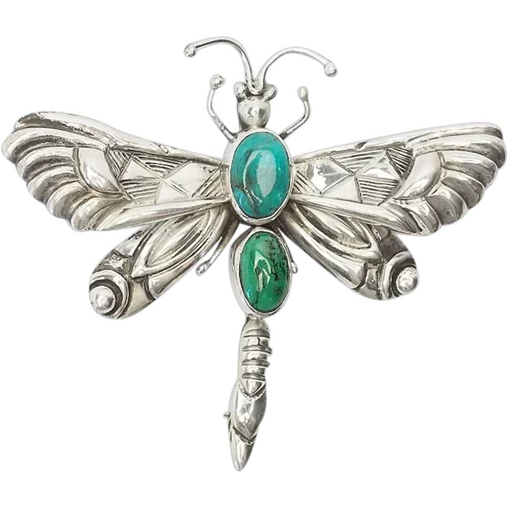 Large sterling silver turquoise dragonfly pin by … - image 1