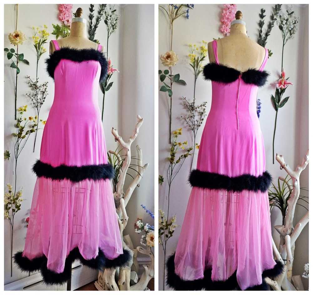 Vintage 50s Hot Pink Marabou Feather Chiffon Silk… - image 2