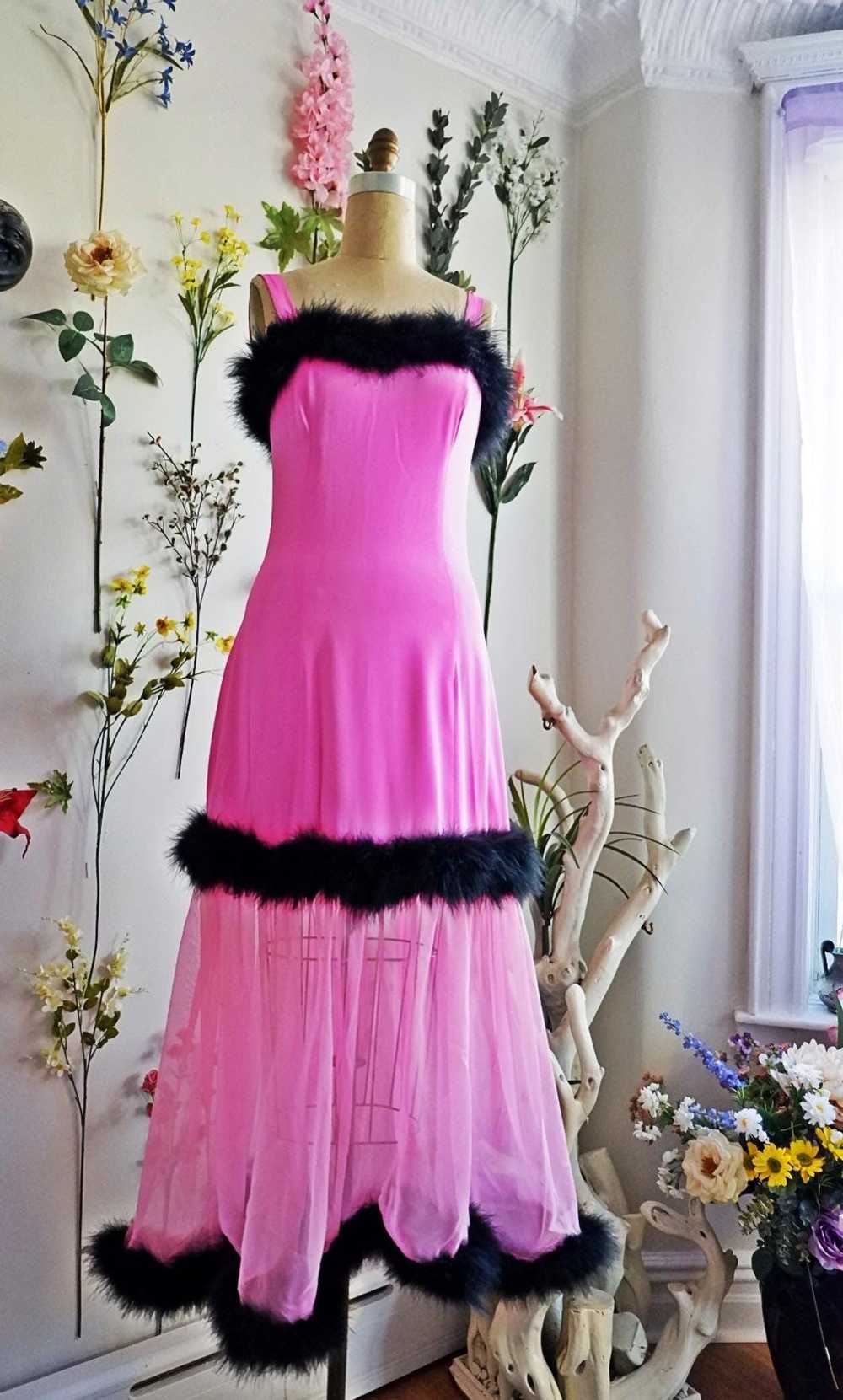 Vintage 50s Hot Pink Marabou Feather Chiffon Silk… - image 5