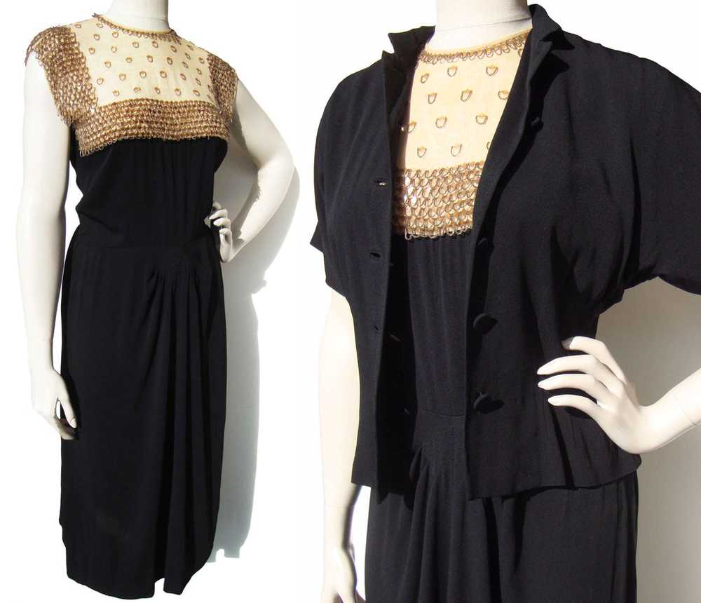 Vintage 40s Black Rayon Beaded Dress & Bolero Jac… - image 1