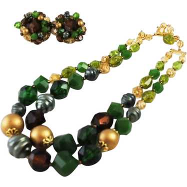 Green Lucite Double Strand Necklace & Earrings - … - image 1