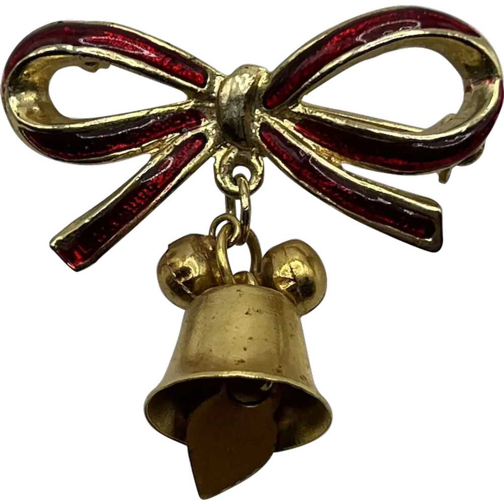 Vintage Jingle Bell Bow Metal Enamel Christmas Pin - image 1