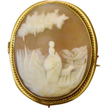 Victorian Carved Shell Cameo Pin, Lady and Lamb - image 1