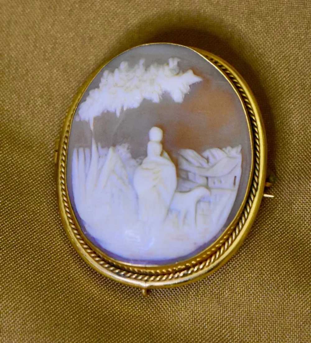 Victorian Carved Shell Cameo Pin, Lady and Lamb - image 2