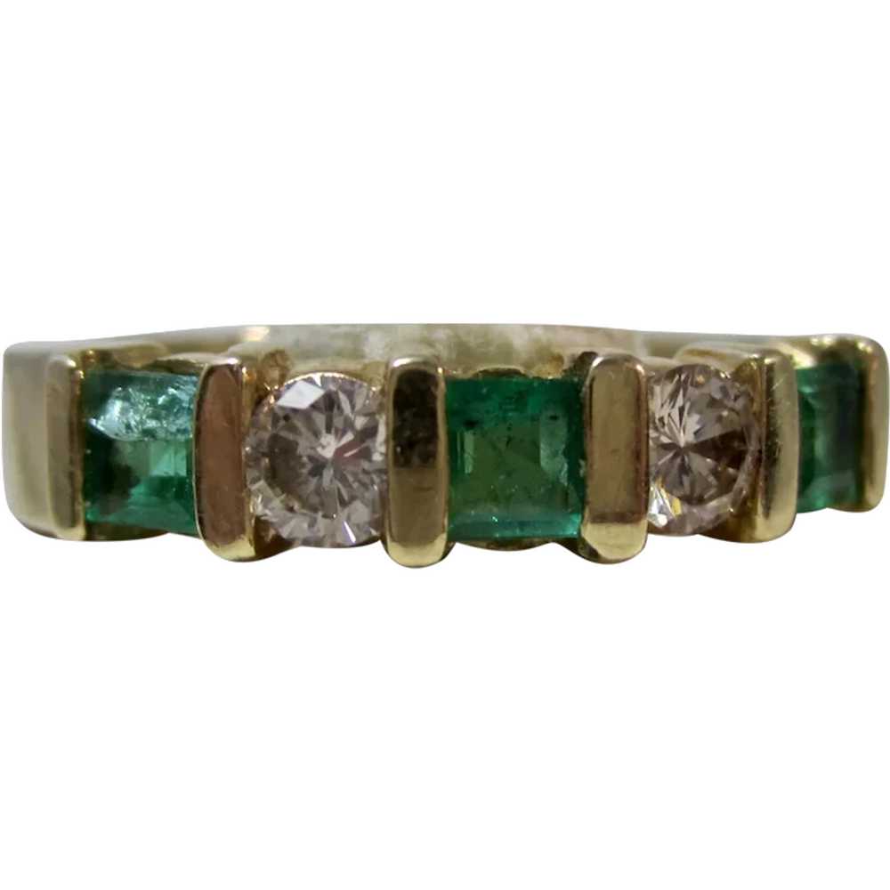 Vintage Estate Emerald & Diamond Wedding Band 14K - image 1