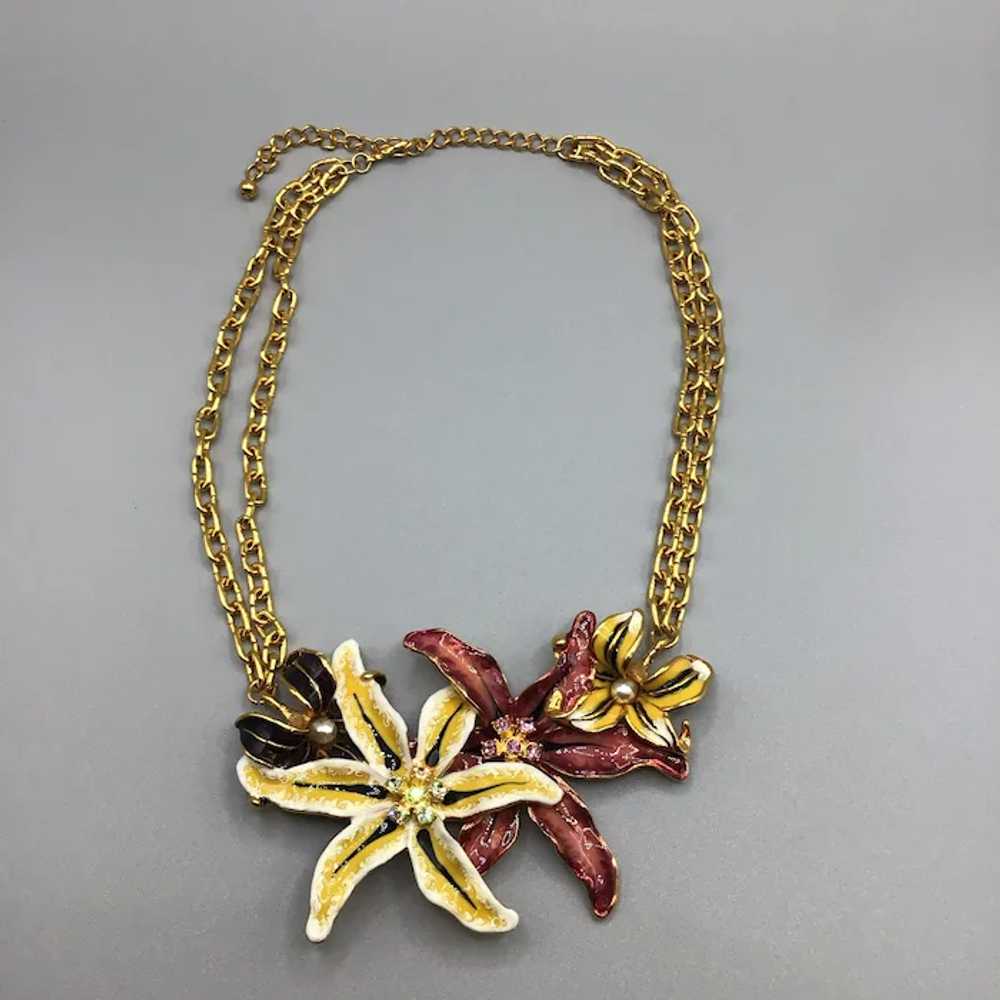 KJL Lilies Necklace Enamel Over Gold Tone Gorg St… - image 2