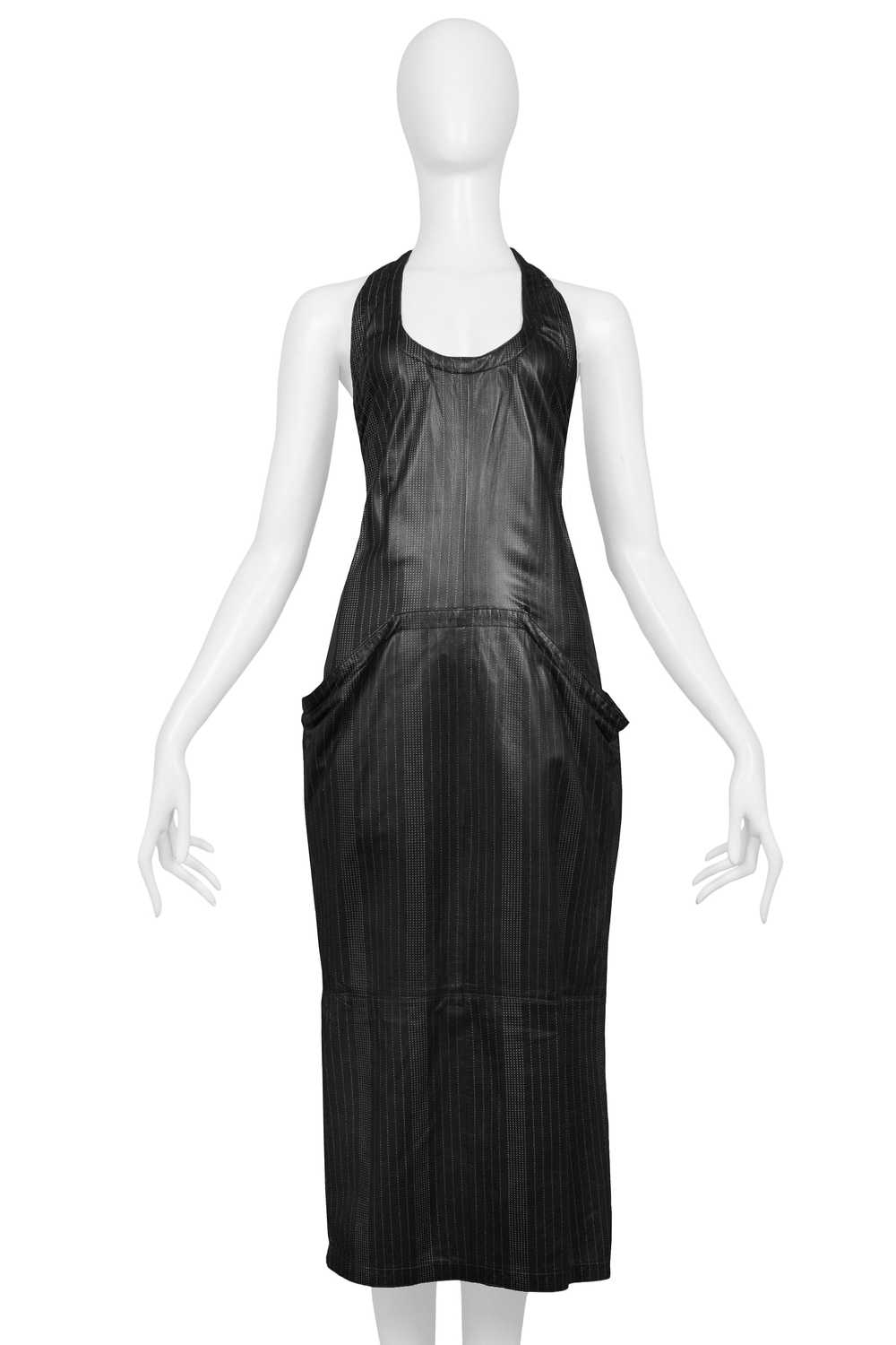 VERSACE BLACK LEATHER PINSTRIPE TANK DRESS 1990s - image 1