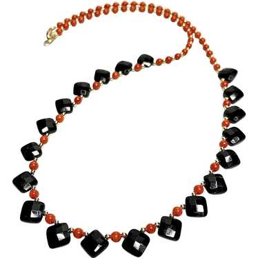 Genuine Red Italian Coral, Black Onyx, and 14k Go… - image 1
