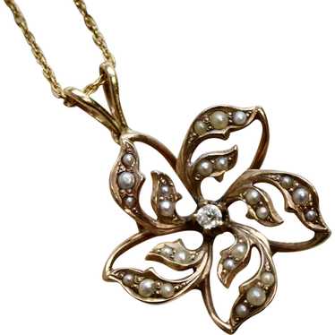 Victorian 14k Diamond and Pearls Flower Pendant N… - image 1