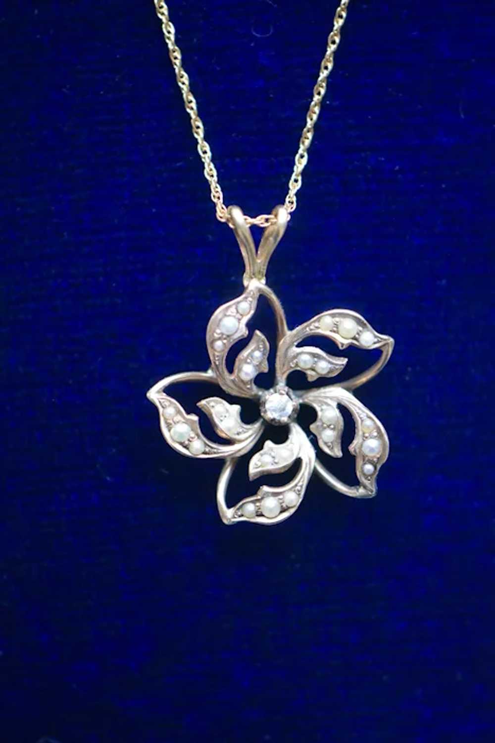 Victorian 14k Diamond and Pearls Flower Pendant N… - image 2