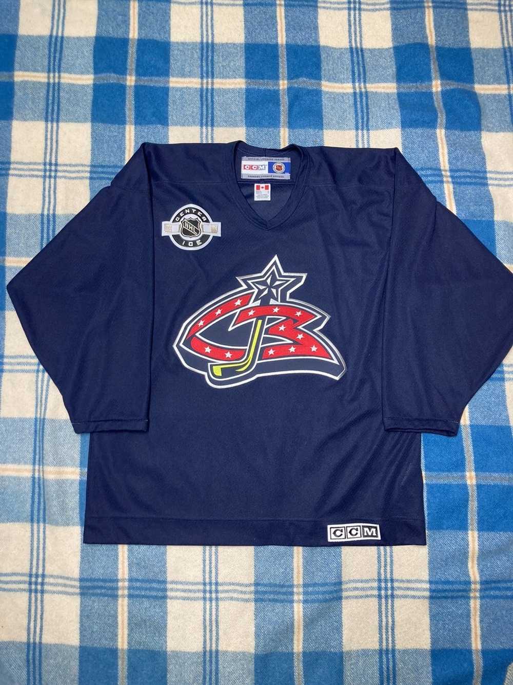 PolyCottonVintage Kids L Vintage 90s Columbus Blue Jackets Home CCM Player Issue NHL Ice Hockey NHL Jersey Shirt Long Sleeved Made in USA Size Mens L