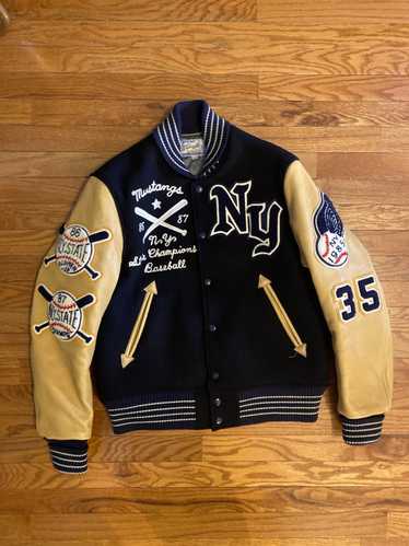 Varsity Jacket Letterman Baseball Bomber Columbia Blue Wool & Gold Cow  Leather