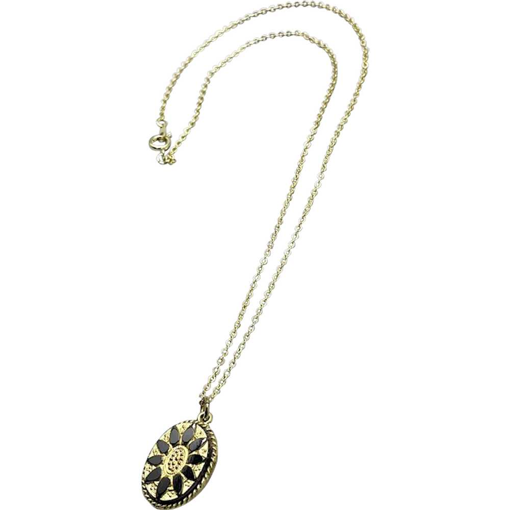 Vintage Black Enamel Flower Pendant Charm Necklace - image 1