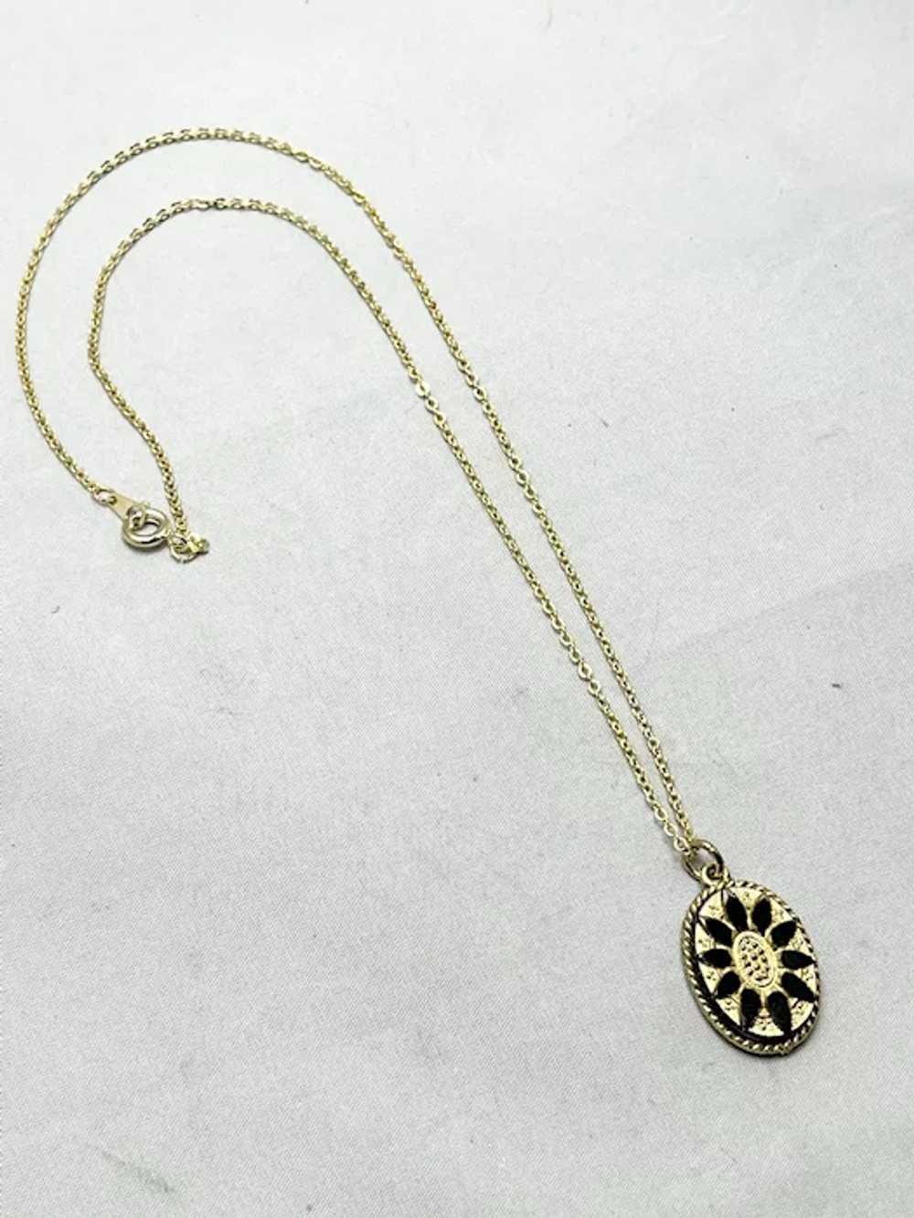 Vintage Black Enamel Flower Pendant Charm Necklace - image 2