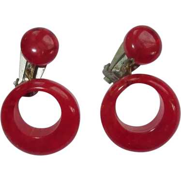 Vintage Red Hoop Earrings, Marbled Lucite, Cherry 