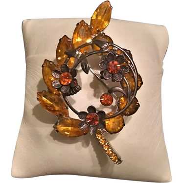 Elegant 3D Leaf & Flowers Brooch Topaz Marquis Rh… - image 1