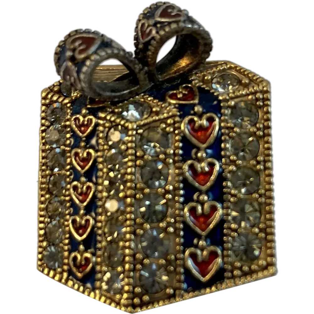 Christmas Present Pin with Rhinestones And Hearts… - image 1
