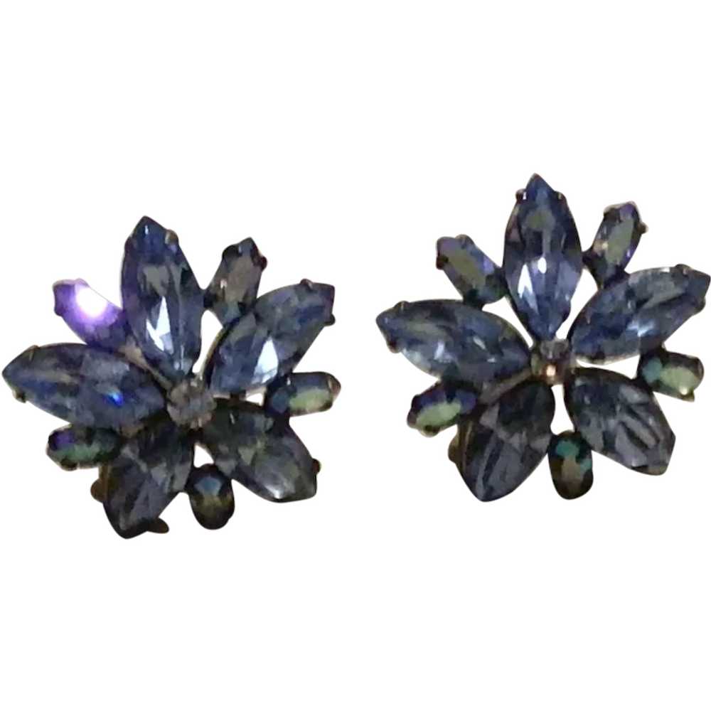 Silver Tone Blue Rhinestone Clip Earrings - image 1