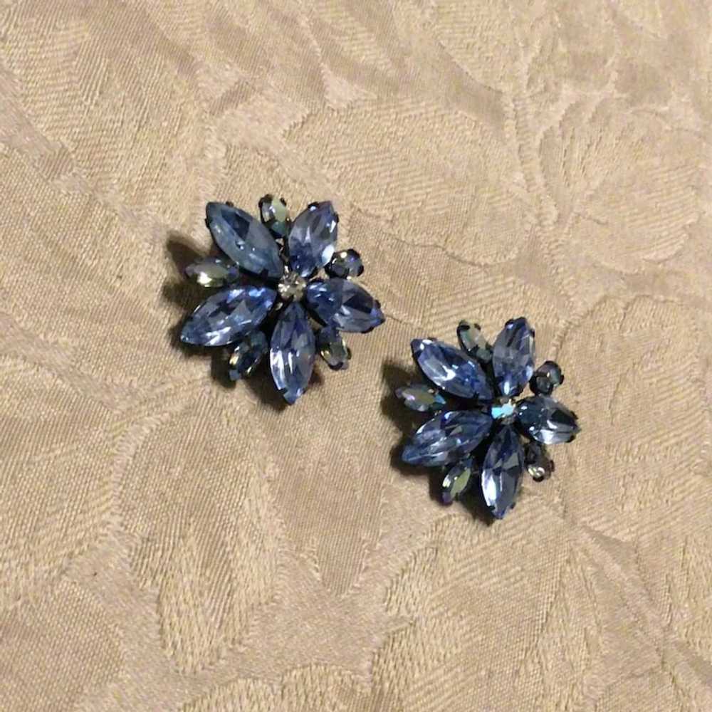 Silver Tone Blue Rhinestone Clip Earrings - image 2