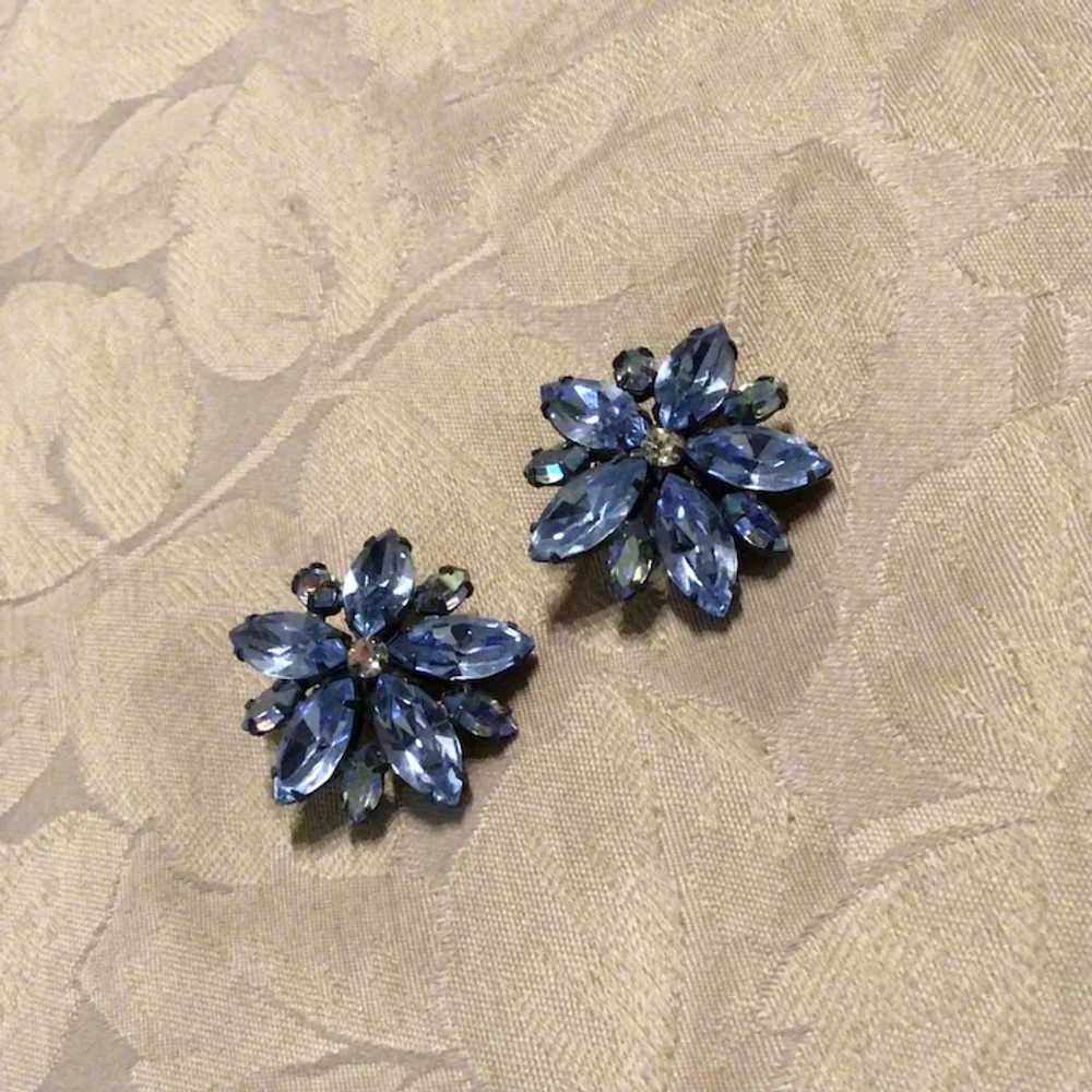 Silver Tone Blue Rhinestone Clip Earrings - image 3