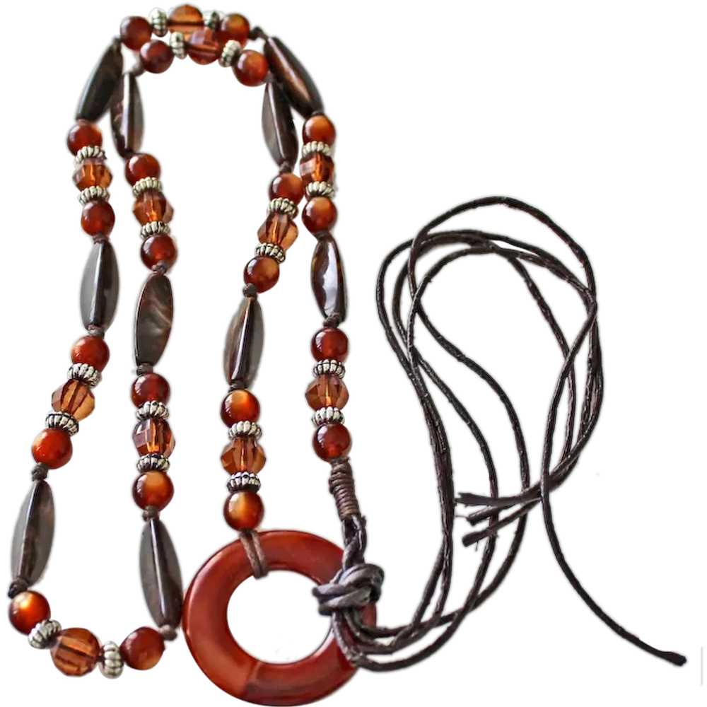 Necklace Root Beer or Faux Tortoise Beads on Knot… - image 1