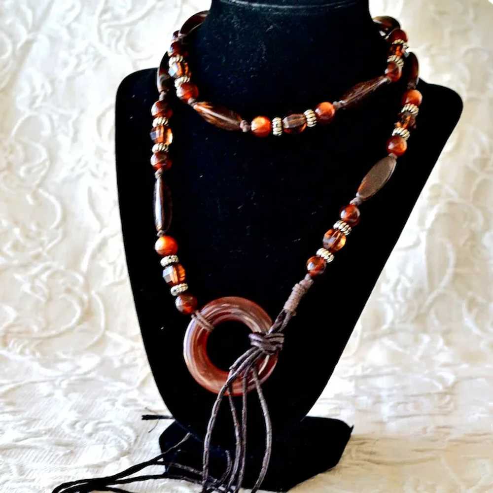 Necklace Root Beer or Faux Tortoise Beads on Knot… - image 2