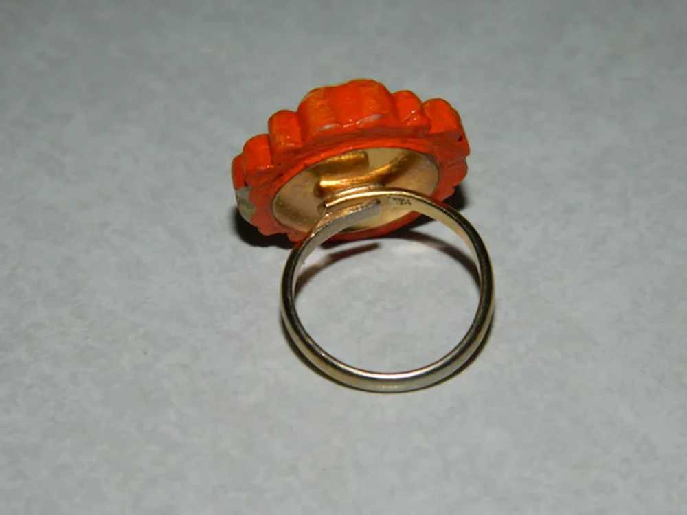 Hand Carved Painted Orange Dogwood Flower Ring 19… - image 3