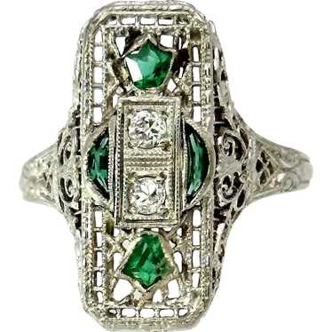 Ladies 18kt Emerald and diamond Art Deco filigree… - image 1