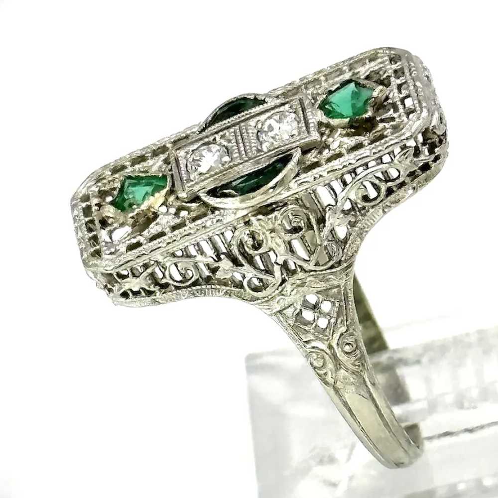 Ladies 18kt Emerald and diamond Art Deco filigree… - image 2