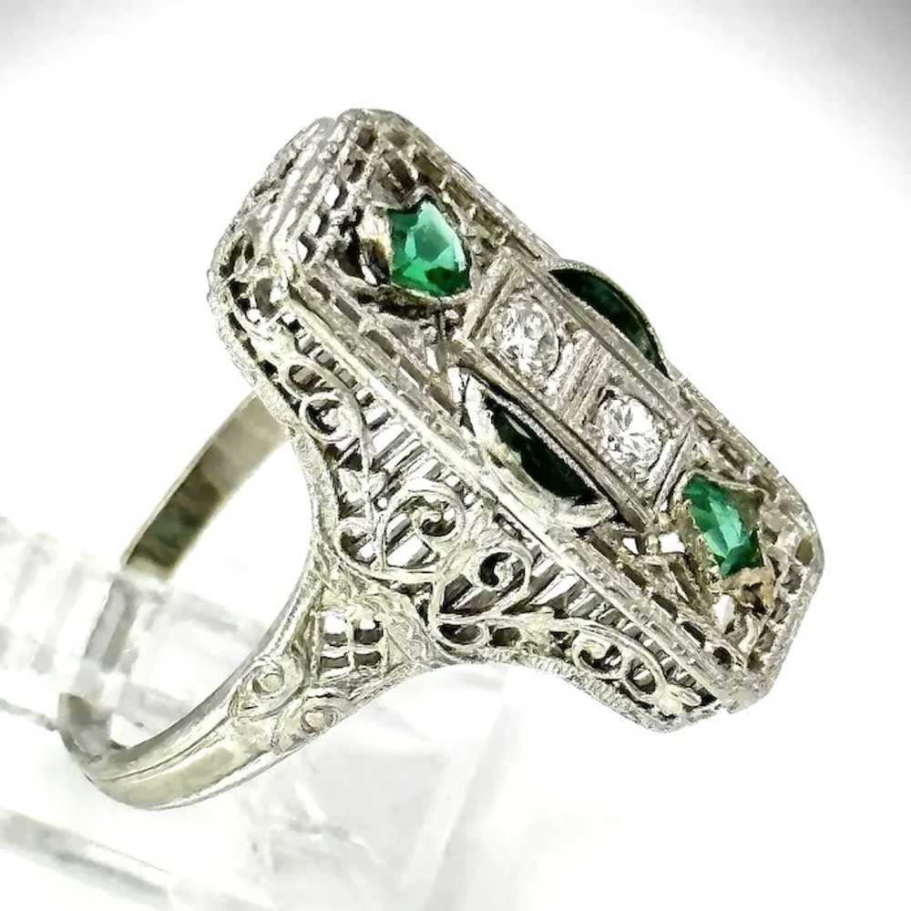 Ladies 18kt Emerald and diamond Art Deco filigree… - image 3