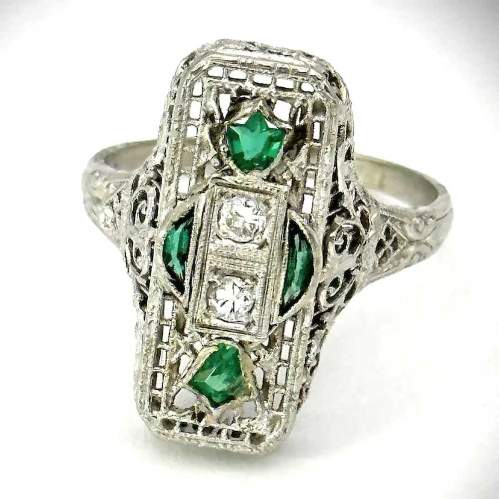 Ladies 18kt Emerald and diamond Art Deco filigree… - image 7