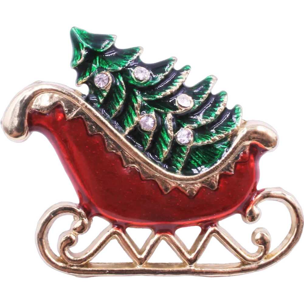 Brooch Pin Sleigh and Christmas Tree Book Piece K… - image 1