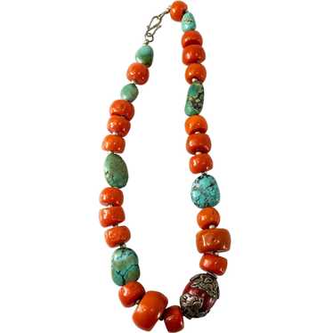 Turquoise gemstone with red deals faux coral beaded choker necklace. 925 sterling silver.