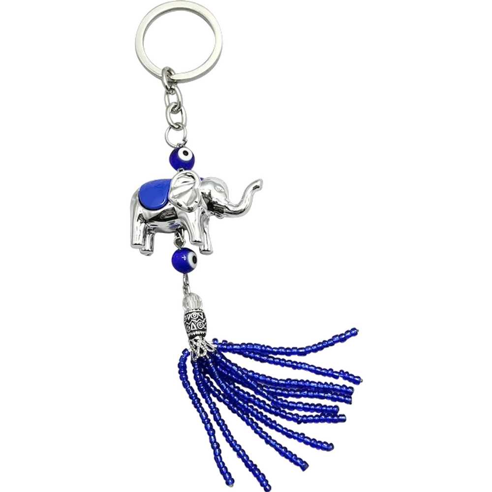 Elephant Blue Glass Evil Eye Beaded Tassel Keycha… - image 1