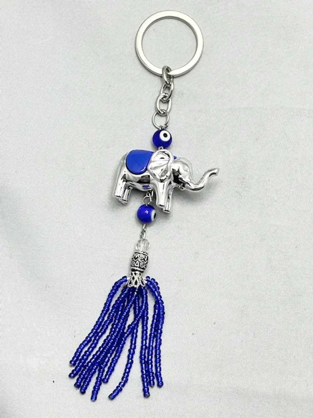 Elephant Blue Glass Evil Eye Beaded Tassel Keycha… - image 2