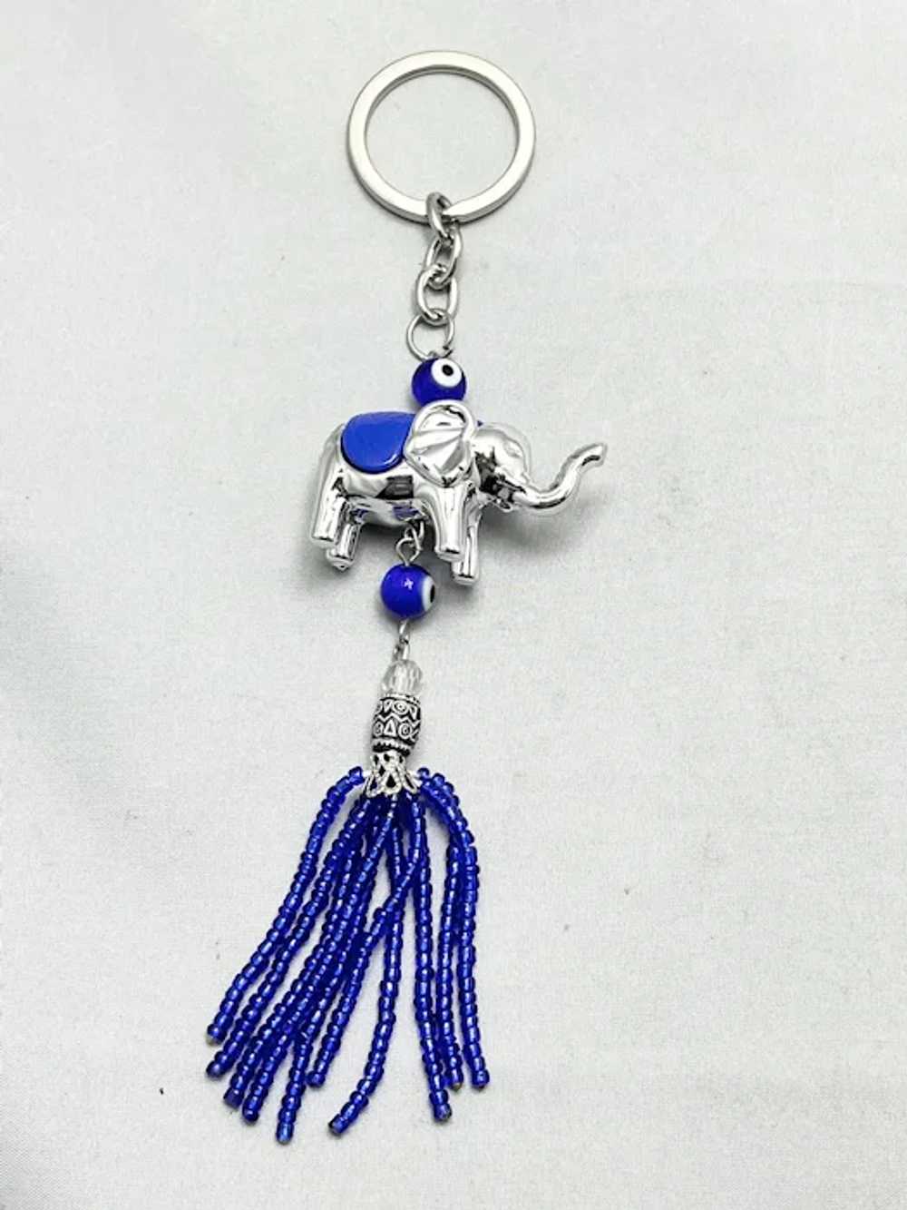 Elephant Blue Glass Evil Eye Beaded Tassel Keycha… - image 5