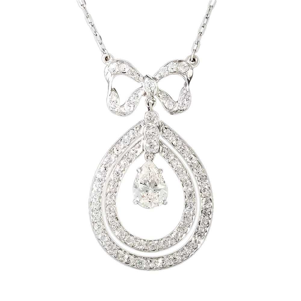 Edwardian Pear Shaped Diamond Bow Necklace - image 2
