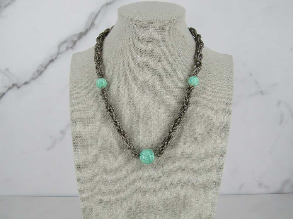 Taupe Colored Antique Beaded Necklace With Green … - image 1