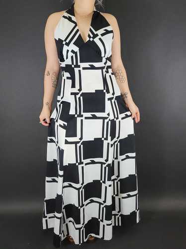 70s Black And White Op Art Sleeveless Maxi Dress