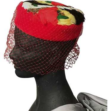 Pillbox Feathered Hat with Netting Veil - image 1